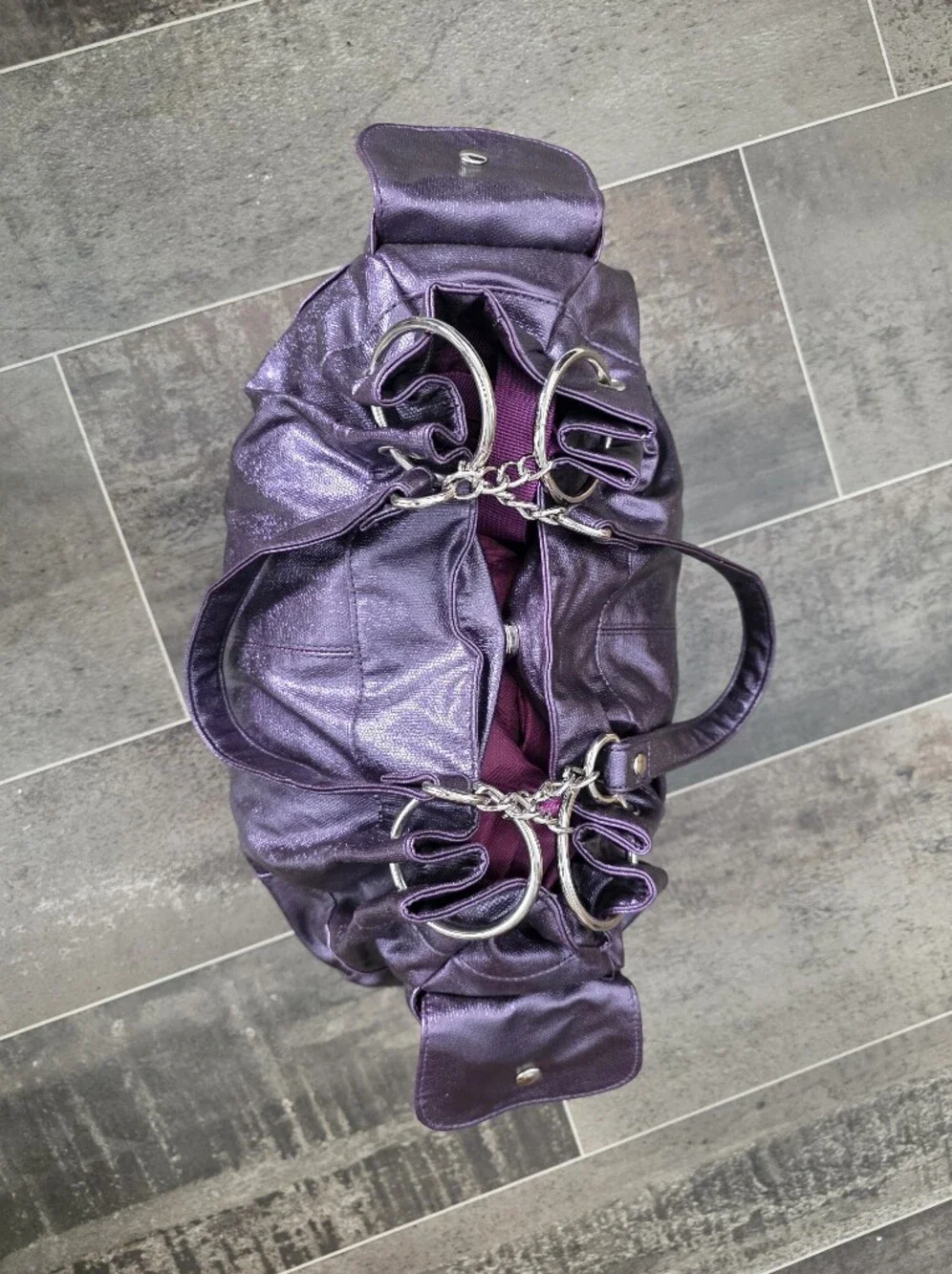 Metallic Purple Shoulder Bag with Chain Accent